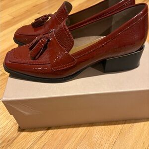 Women's Crinle Patent Leather Oxblood Red  Loafers with Tassels - New!